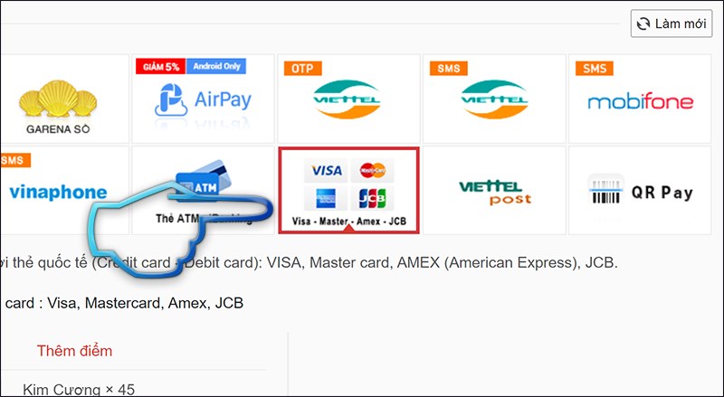 Bước 1: Chọn hình thức thanh toán thẻ Visa, Mastercard.