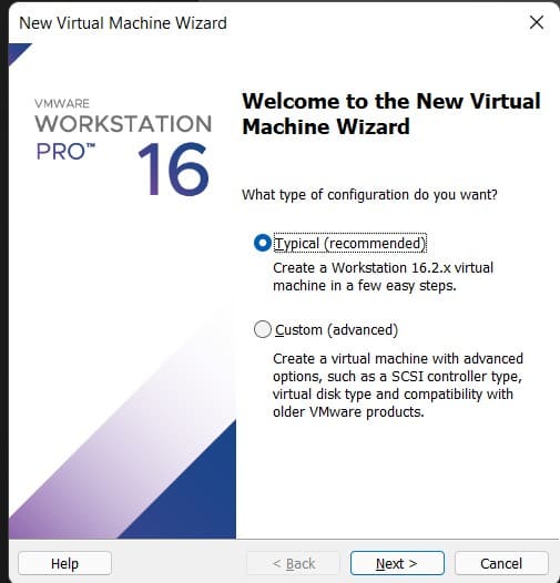 mở virtual machine wizard